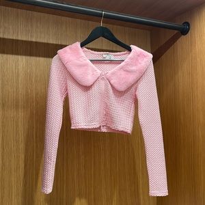 Pink Faux Fur Collar Cropped Cardigan